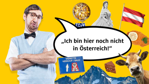 "Ich bin hier noch nicht in Österreich!" – Eine der beliebtesten Ausreden von Mautsündern, die ohne gültige Vignette auf österreichischen Autobahnen erwischt werden. Umgeben von typisch österreichischen Symbolen wie Sachertorte, Wiener Schnitzel, der österreichischen Flagge und Alpenlandschaft versucht der skeptisch blickende Mann vergeblich, sich herauszureden.