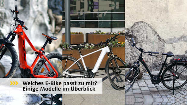 3 verschiedene Fahrräder sind auf 3 unterschiedlichen Bildern und davor ist die Bauchbinde "Welches E-Bike passt zu mir? Einige Modelle im Überblick", denn Elektromobilität ausprobieren lohnt sich.