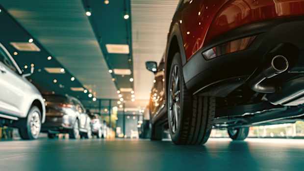 Bodenaufnahme eines Autohauses mit zwei Reihen von Autos, die alle durch Auto-abo oder Leasing verfügbar sind