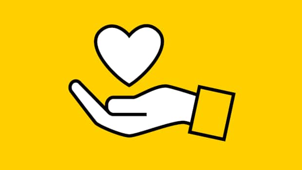 Ein Hand Piktogramm über dem ein Herz Piktogramm schwebt