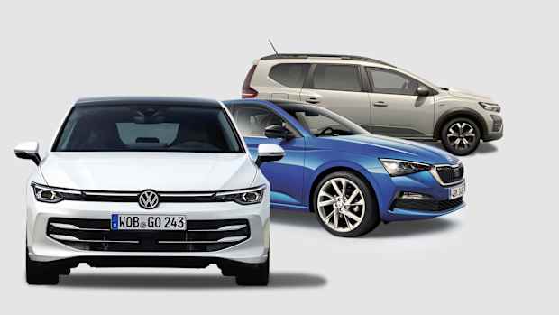 Collage aus Volkswagen Golf 8, Škoda Scala und Dacia Jogge