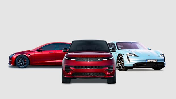 Collage aus Tesla Model S, Land Rover Range Rover Sport und Porsche Taycan