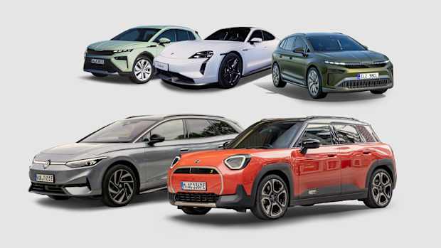 Montage eines Skoda Enyaq, Porsche Taycan, Skoda Elroq, Mini Aceman und VW ID7 auf grauem Hintergrund