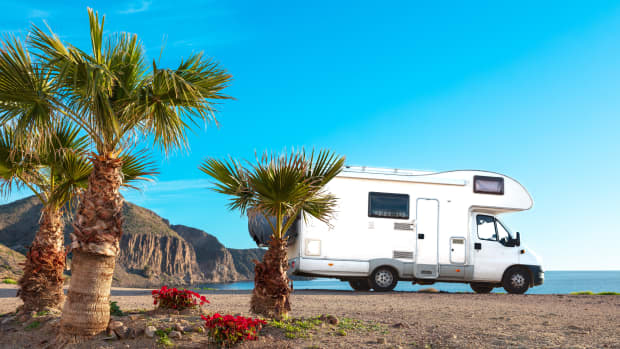 Wohnmobil neben Palmen in Andalusien
