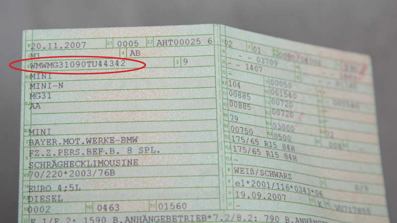 Die Fahrzeugidentifikationsnummer in einem Fahrzeugschein