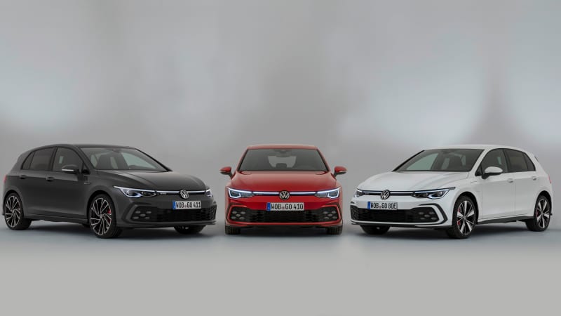 Die Drei neuen VW Golf Modelle von links nach rechts Golf GTD, Golf GTI und rechts der Elektro Golf GTE