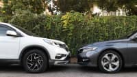 Ein weisses und ein dunkelgraues Auto stehen vor einer Hecke frontal gegenüber