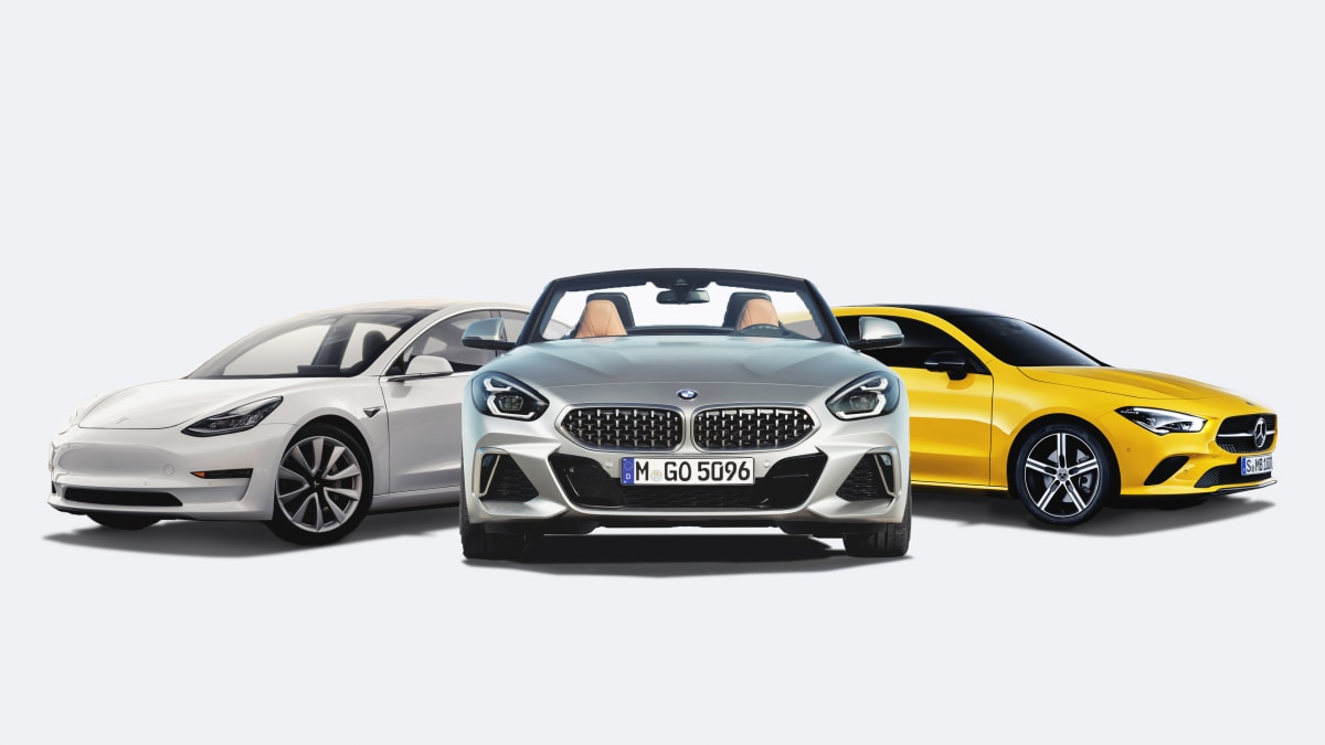 Collage Mercedes CLA BMW Z4 Tesla Model 3