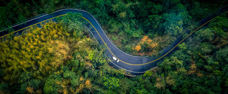 Auto fährt auf Straße durch grünen Wald - Ressourcenschonend Fahren ADAC