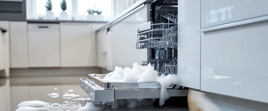 Offener Geschirrspüler, aus dem Wasser und Schaum austritt, daneben eine Schrankleiste mit Wasserschaden.
