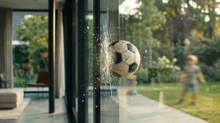 Private Haftpflichtversicherung: Fußball kracht in eine Fensterscheibe, im Hintergrund kleiner Junge im Garten