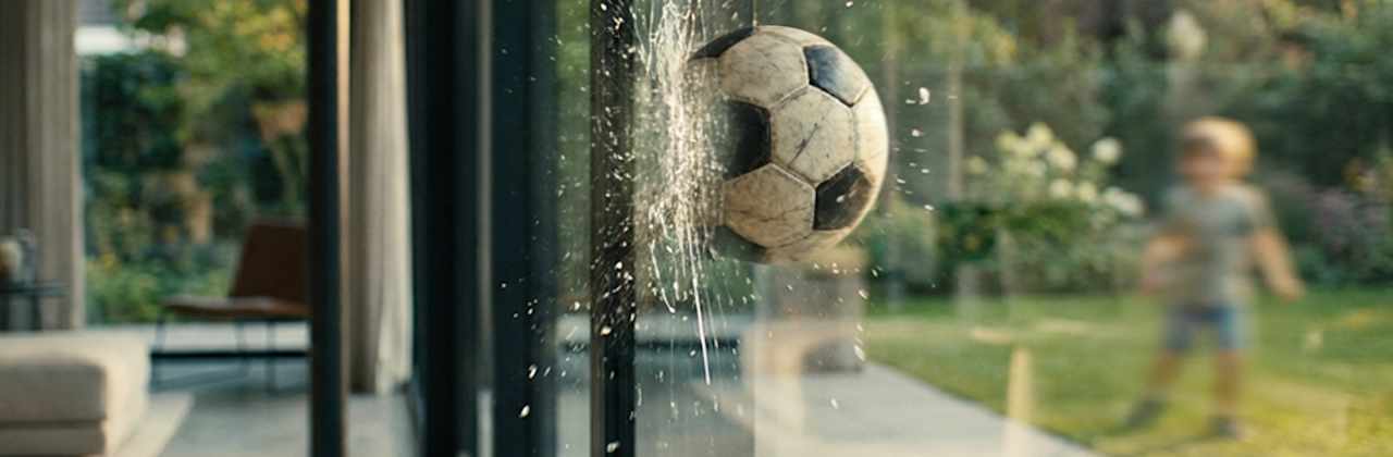 Private Haftpflichtversicherung: Fußball fliegt in eine Fensterscheibe, im Hintergrund kleiner Junge im Garten