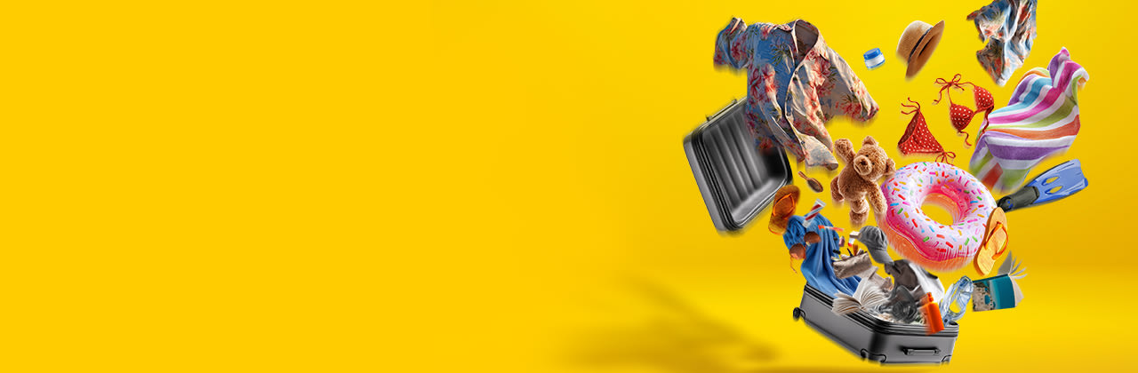 platzender Urlaubskoffer auf gelbem Hintergrund