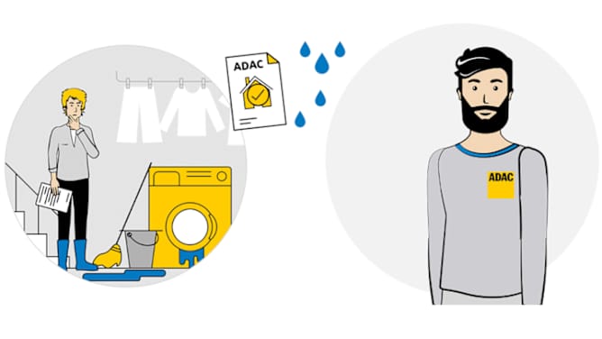 Frau steht vor auslaufenden Waschmaschine - Handwerker steht zur Reparatur bereit