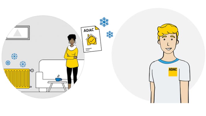 Frau steht frierend in der Wohnung vor kalter Heizung - Heizungsinstallateur steht zur Reparatur bereit