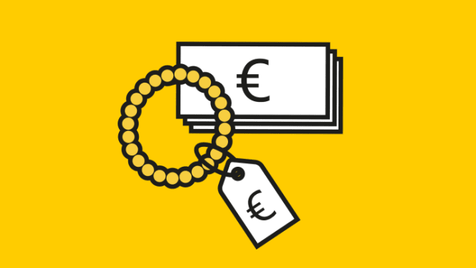 Piktogramm: Geldscheine und Armband auf gelben Hintergrund - Hausrat