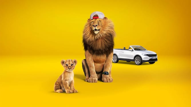 Großer Löwe und kleiner Löwe sitzen vor weißem Auto - Kfz-Versicherung ADAC