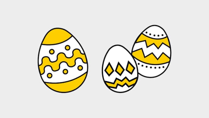 Drei Ostereier in gelb, weiß vor grauem Hintergrund - ADAC Unfallschutz ausgezeichnete Leistungen