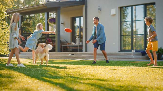 Familienhaftpflicht: 4-köpfige Familie spielt im Garten Frisbee