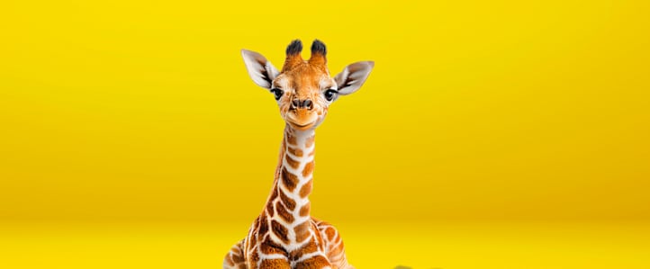 kleine Giraffe sitz auf gelbem Boden - Tierfreunde ADAC