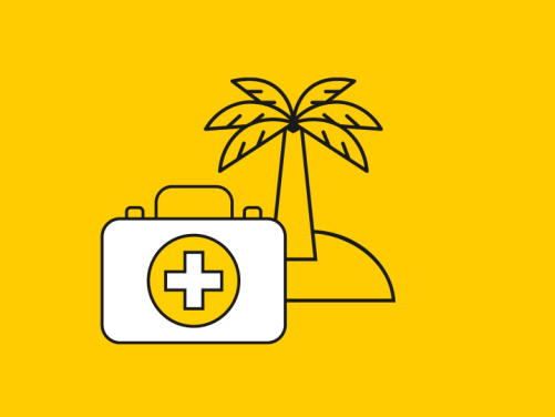 Piktogramm eines Notfallkoffers vor einer Palme