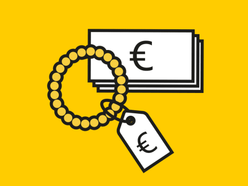 Piktogramm: Geldscheine und Armband auf gelben Hintergrund - Hausrat