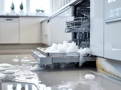 Offener Geschirrspüler, aus dem Wasser und Schaum austritt, daneben eine Schrankleiste mit Wasserschaden.