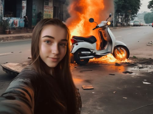 Junge Frau macht ein Selfie mit brennendem Moped im Hintergrund
