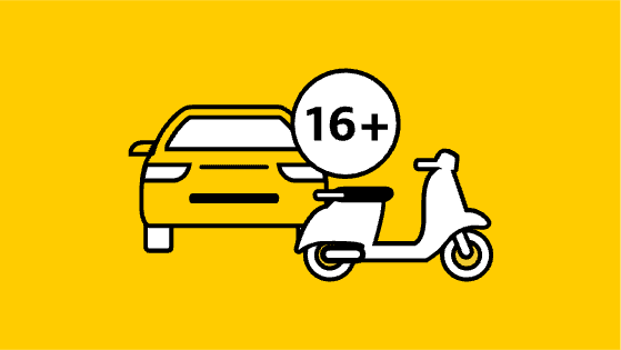 Piktogramm mit einem Auto, einem Roller und der Altersangabe 16 plus