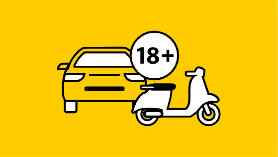 Piktogramm mit einem Auto, einem Roller und der Altersangabe 18 plus