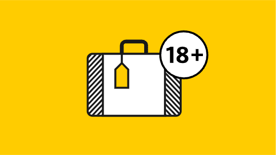 Piktogramm mit einem Koffer und der Altersangabe 18 plus