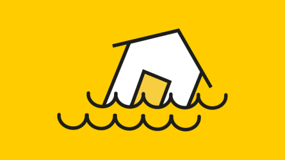 Piktogramm: überschwemmtes Haus auf gelben Hintergrund