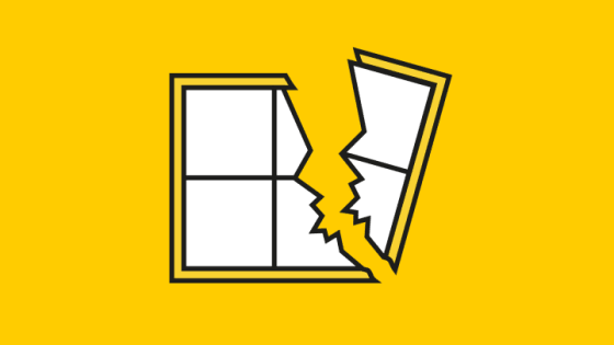 Piktogramm: gebrochene Fensterscheibe auf gelbem Hintergrund