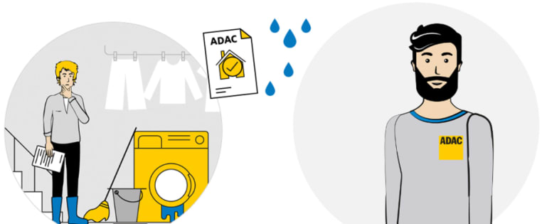 Frau steht vor auslaufenden Waschmaschine - Handwerker steht zur Reparatur bereit