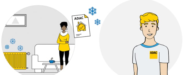 Frau steht frierend in der Wohnung vor kalter Heizung - Heizungsinstallateur steht zur Reparatur bereit