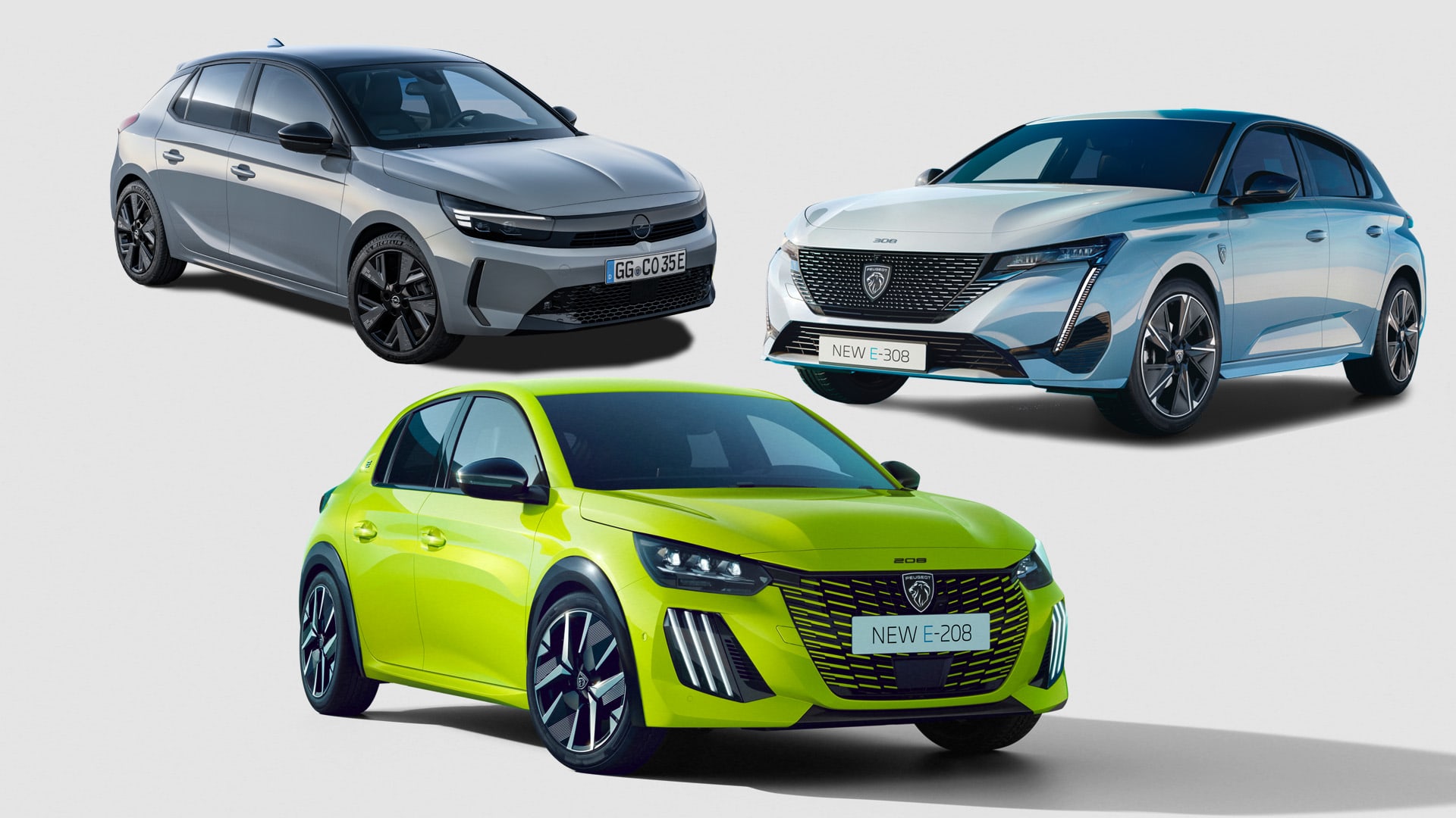 Montage aus Peugeot e-208, Peugeot e-308 und Opel e-Corsa