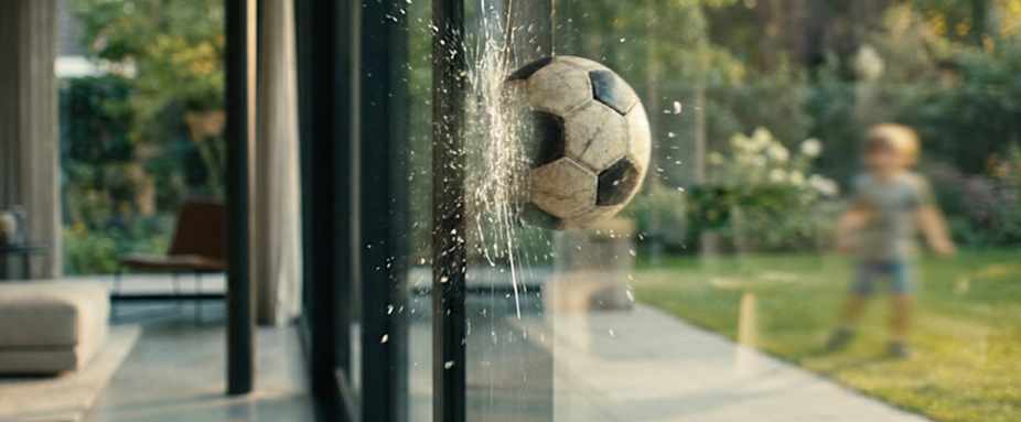 Private Haftpflichtversicherung: Fußball fliegt in eine Fensterscheibe, im Hintergrund kleiner Junge im Garten